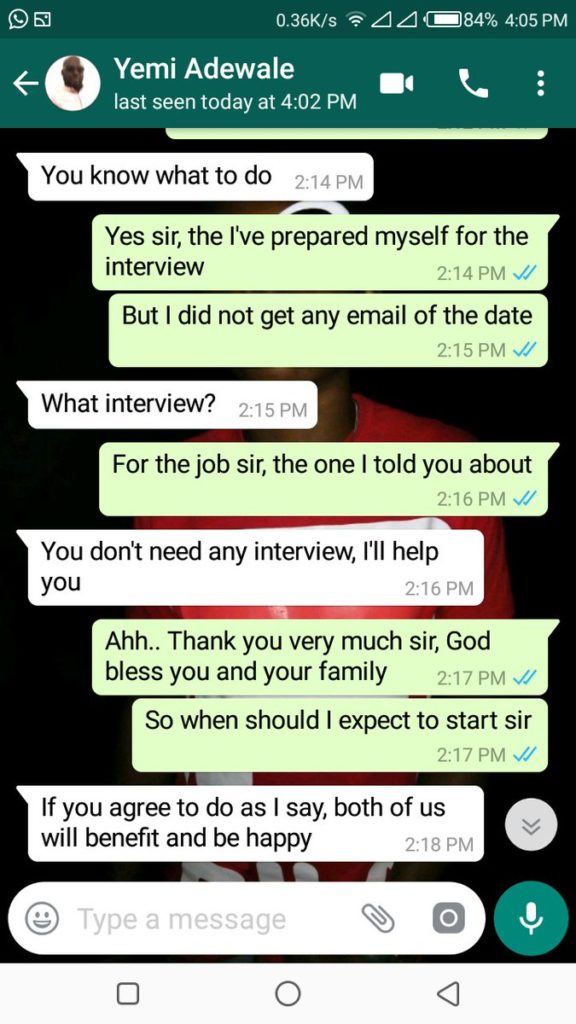 Nigerian lady shares chat with potential employer demanding to sleep with her before giving her a job