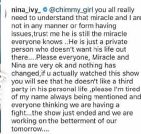 #BBNaija: Nina finally opens up on split with Miracle
