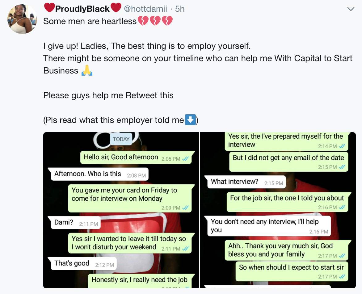 Nigerian lady shares chat with potential employer demanding to sleep with her before giving her a job