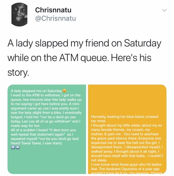 See How A Nigerian Man Reacted after A Lady Slapped Him on ATM queue