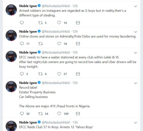 Noble Igwe praises EFCC for raiding Lagos Night Clubs as he releases list of major fraud fronts in Nigeria