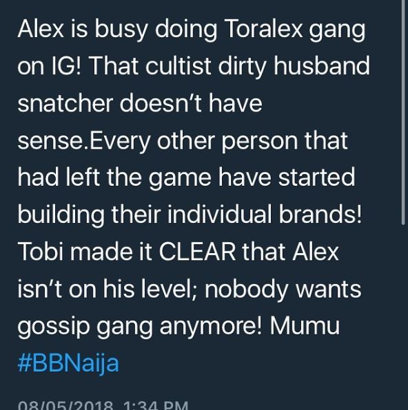 #BBNaija: Check Out The Ugly Things Being Said About Alex On Twitter (Photos)