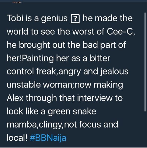 #BBNaija: Check Out The Ugly Things Being Said About Alex On Twitter (Photos)