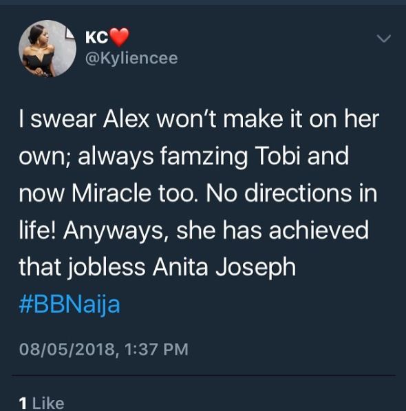 #BBNaija: Check Out The Ugly Things Being Said About Alex On Twitter (Photos)