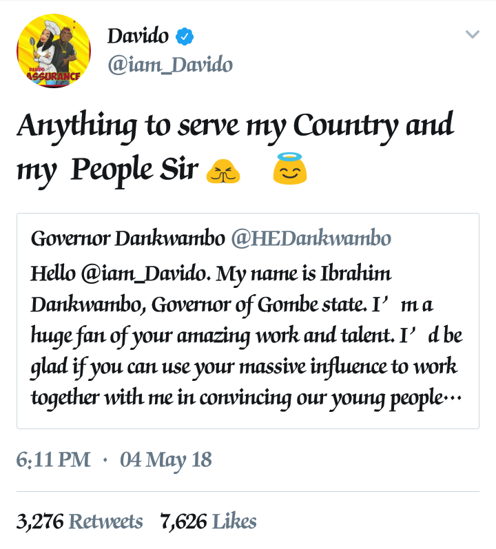 Davido reacts after Gombe state governor begged him for 'Assurance' publicly