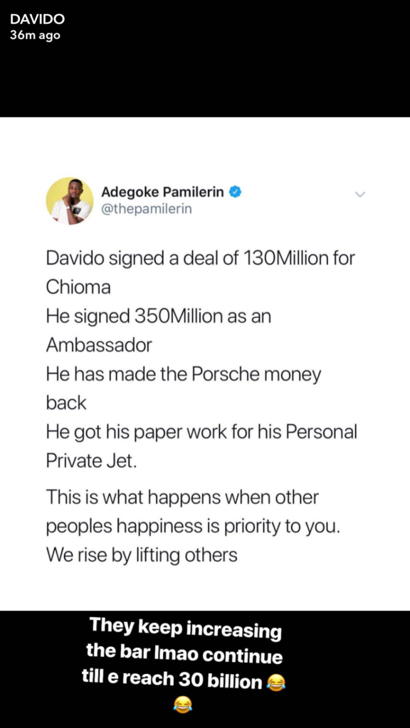 Fans says Davido and Chioma earned N480million from new deals, he reacts