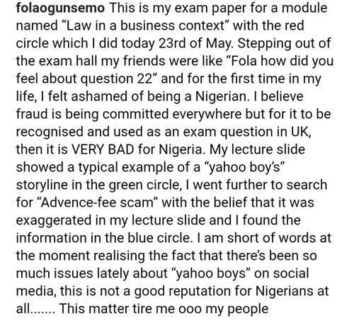 Yahoo Yahoo: Nigerian Lady Schooling In The U.K Shares Shocking Exam Question About '419' In Nigeria