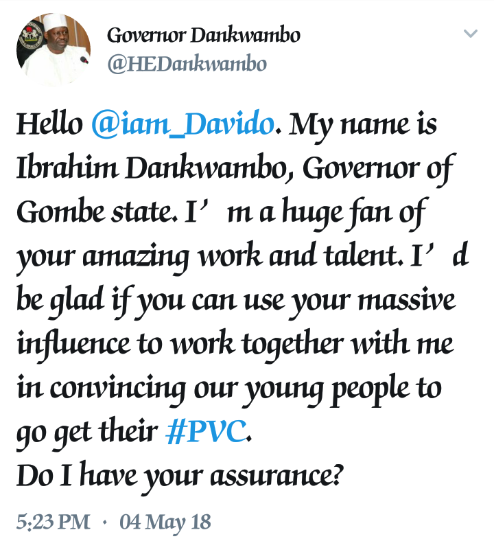 Davido reacts after Gombe state governor begged him for 'Assurance' publicly