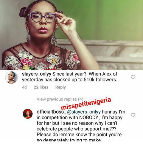 Tboss replies internet troll who compared her to Alex