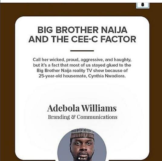 #BBNaija: 'Get yourself a Cee-c' - Adebola Williams shares his thought on what he thinks about Cee-c