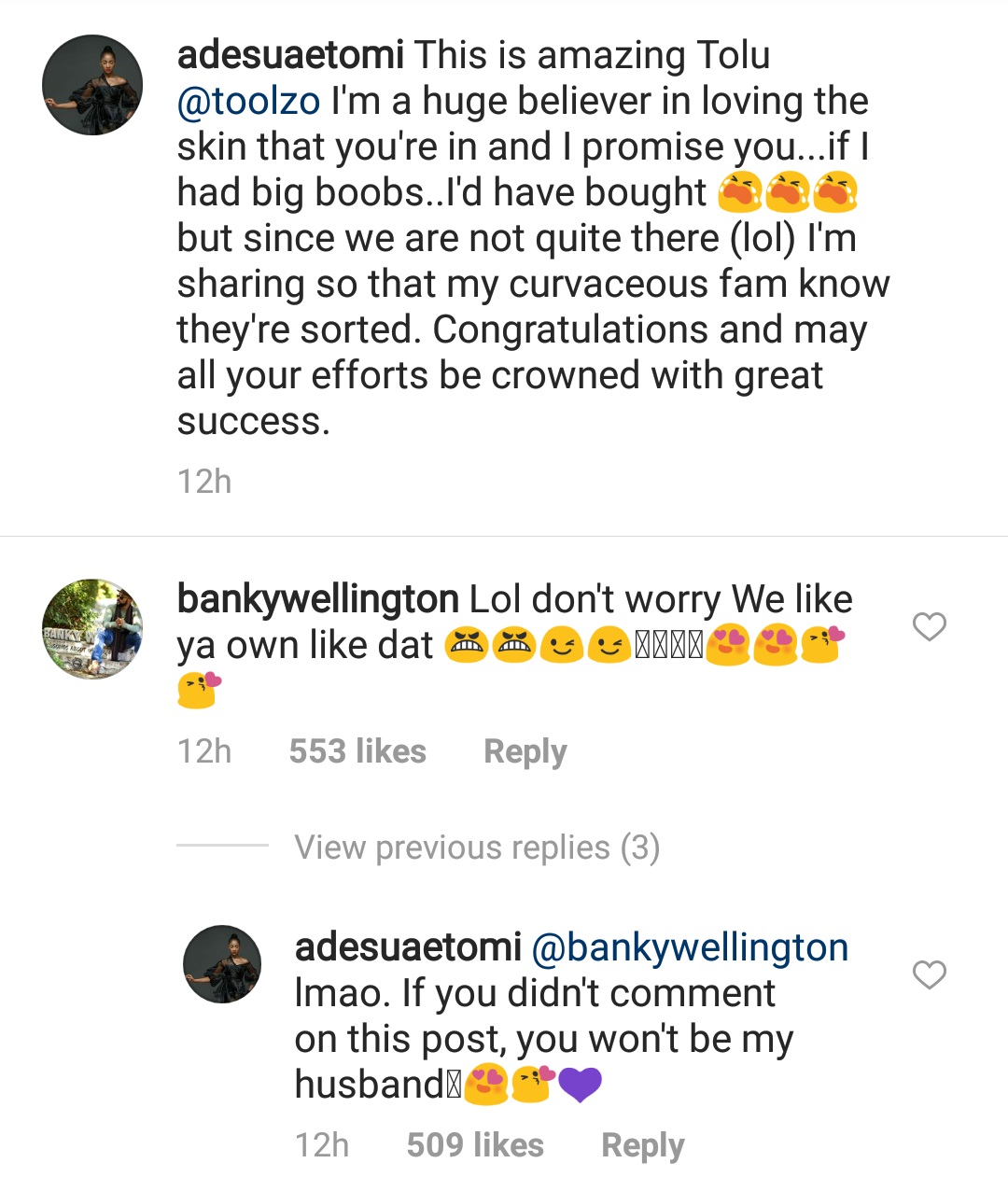 Banky W assures wife, Adesua Etomi that he likes her b**bs the way they are (screenshots)