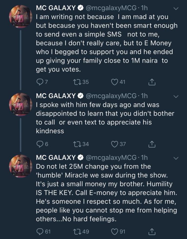 #BBNaija: MC Galaxy calls out Miracle, says he's refused to appreciate E-Money