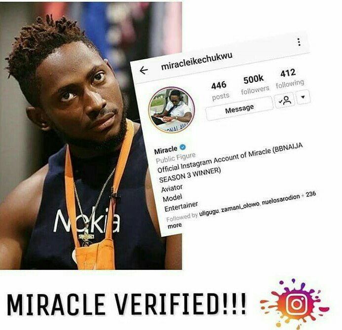#BBNaija: Season 3 winner, Miracle Ikeckukwu gets verified on Instagram