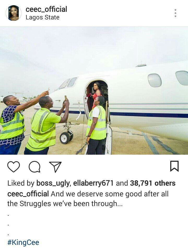 #BBNaija: Cee-c shares more private jet photos with Davido & his girlfriend, Chioma