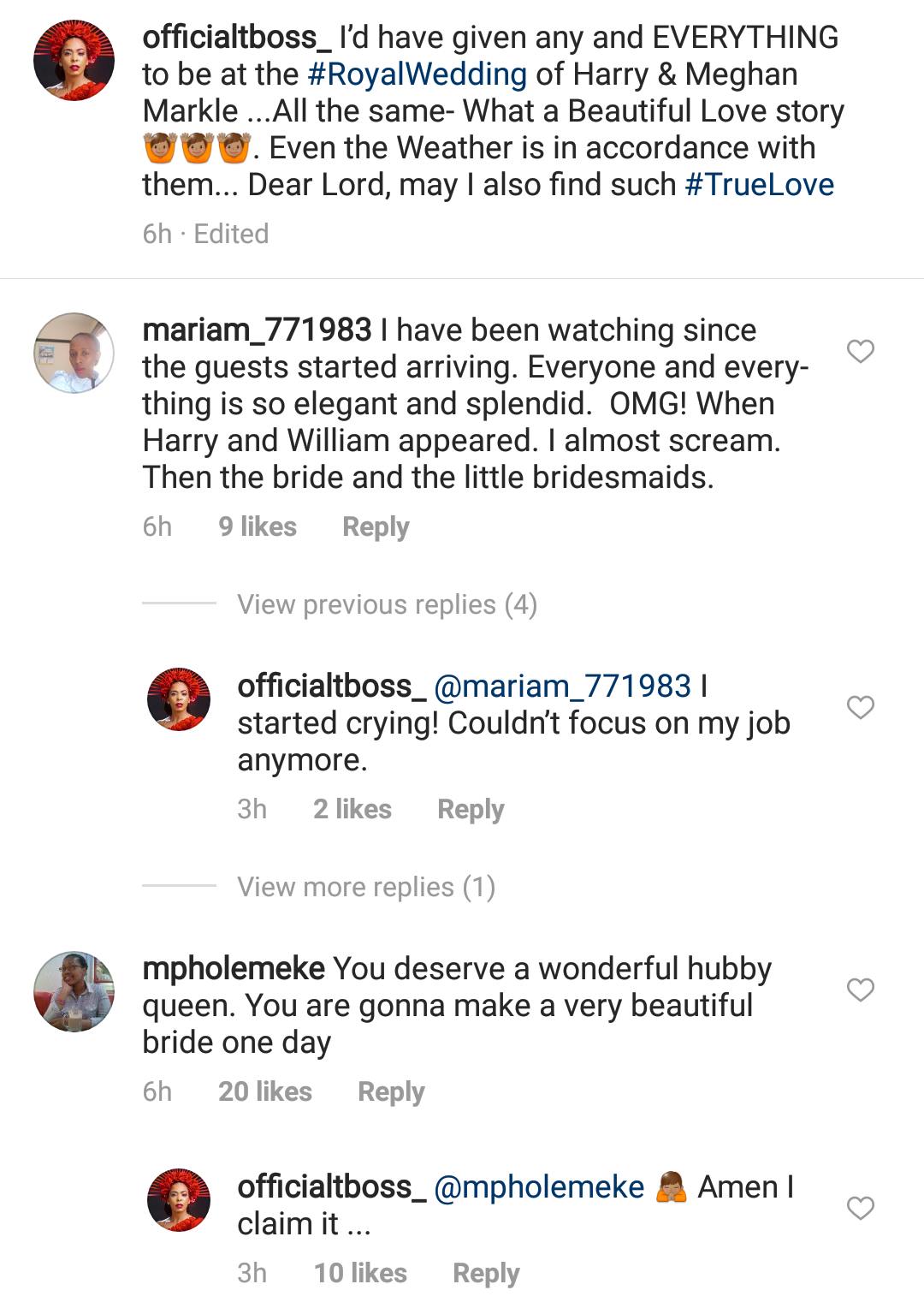 Ex-BBNaija housemate, TBoss hits back at a non-fan who told her to get married following Royal wedding