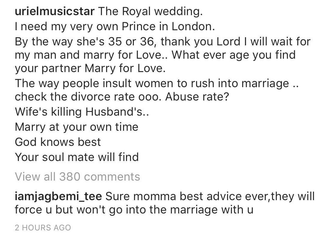 BBNaija's Uriel Oputa reacts to Meagan Markle and Prince Harry's royal wedding