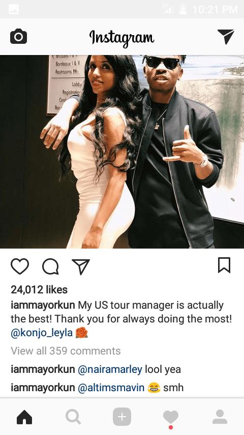 'Is this your own Chioma' - Fans react as Mayorkun show off his US Tour Manager.