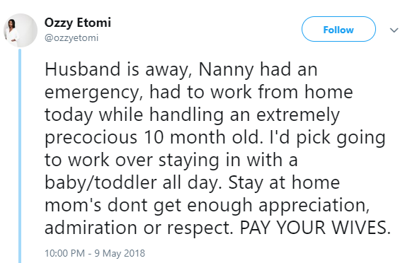 Nigerian writer lists reasons why husbands Should pay their stay at home wives salary