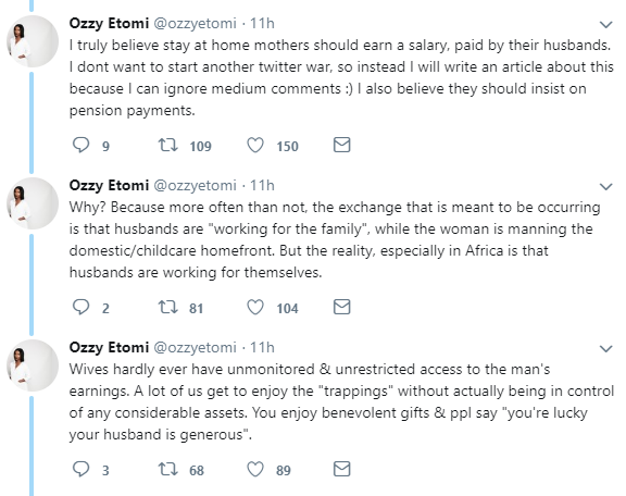 Nigerian writer lists reasons why husbands Should pay their stay at home wives salary