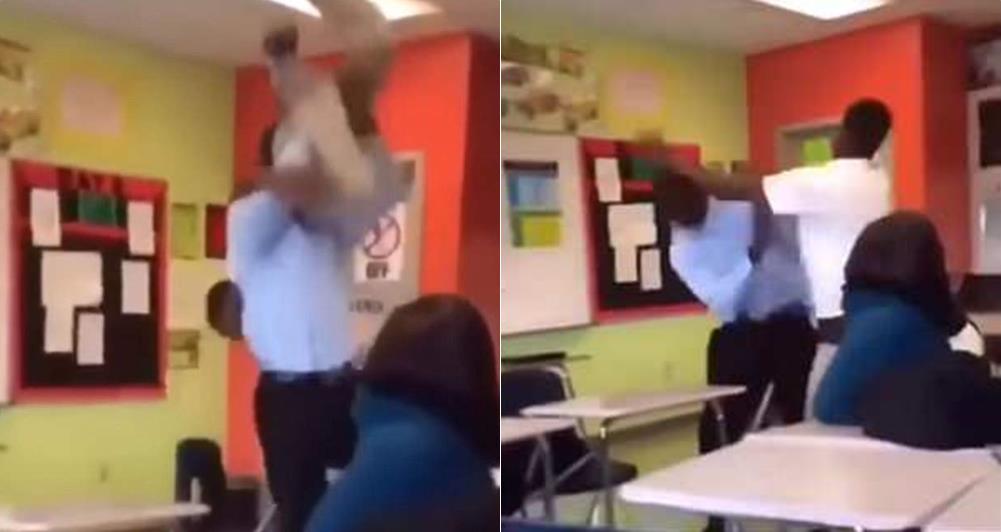 Teacher body slams a pupil who punched him in the face onto a desk and beats him (photos/videos)
