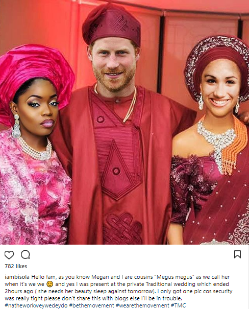 Bisola shares inside information and photo from Prince Harry and Meghan Markle's private traditional wedding