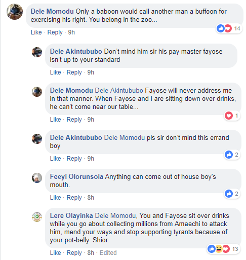 ''I'll report you to Davido'' - Gov. Fayose's aide, Lere Olayinka and Dele Momodu drag each other on Facebook