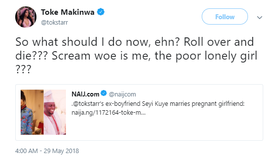 Toke Makinwa reacts to news that her ex boyfriend, Seyi Kuye, just got married