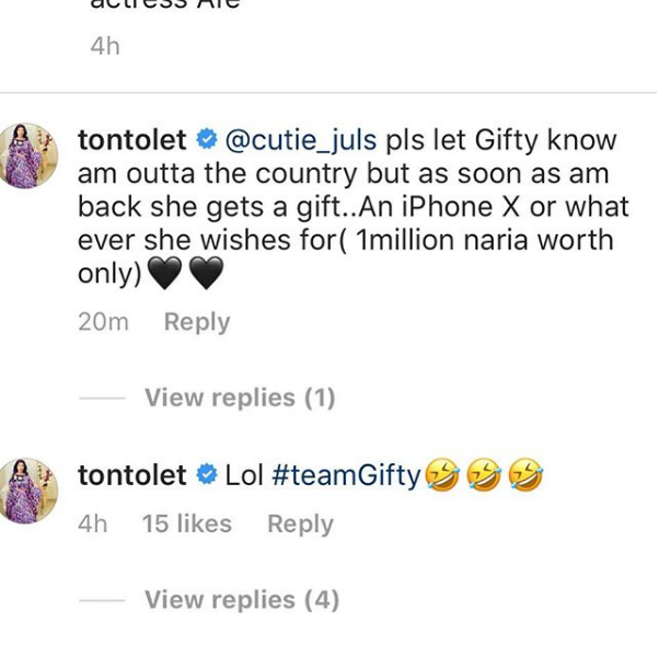 Tonto Dikeh Offers Gifty N1 Million For Slamming Lilian Afegbai Over Surgery