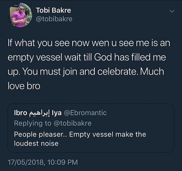 Check Out Tobi's Epic Reply To Twitter User Who Called Him An Empty Vessel