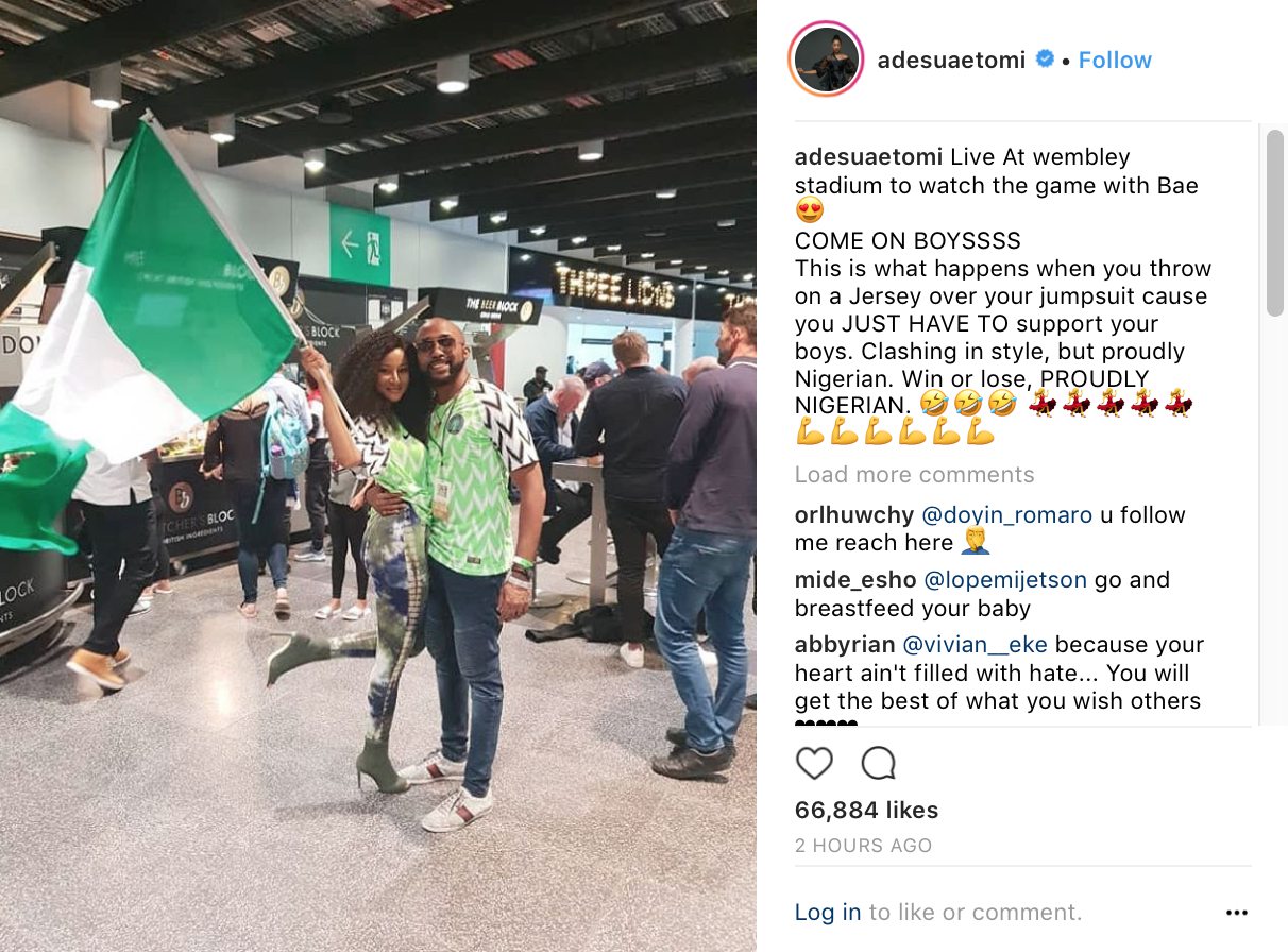 Adorable photos of Banky W and Adesua Etomi twinning in their Nigerian jersey at Wembley stadium