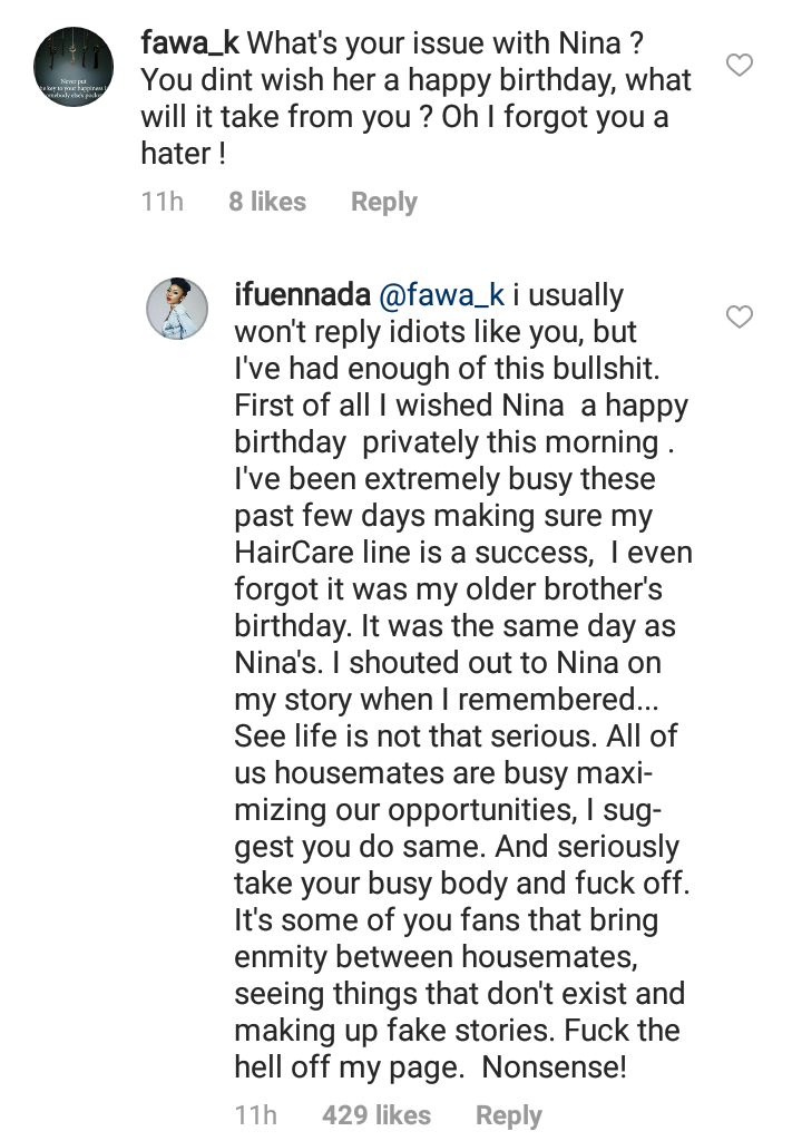 #BBNaija: Ifu Ennada replies fan who called her a hater for not wishing Nina a happy birthday