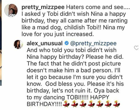 #BBNaija: Alex defends Tobi as fans slam him for not wishing Nina a happy birthday