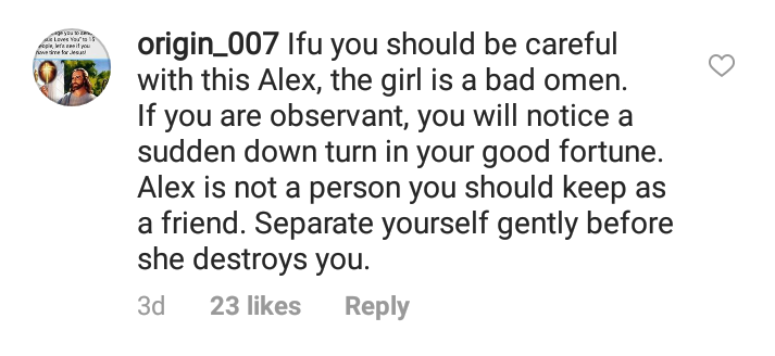 Ifu Ennada blasts troll for saying Alex brought her misfortune