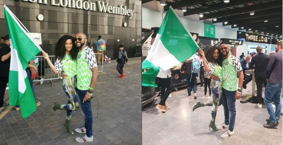 Adorable photos of Banky W and Adesua Etomi twinning in their Nigerian jersey at Wembley stadium