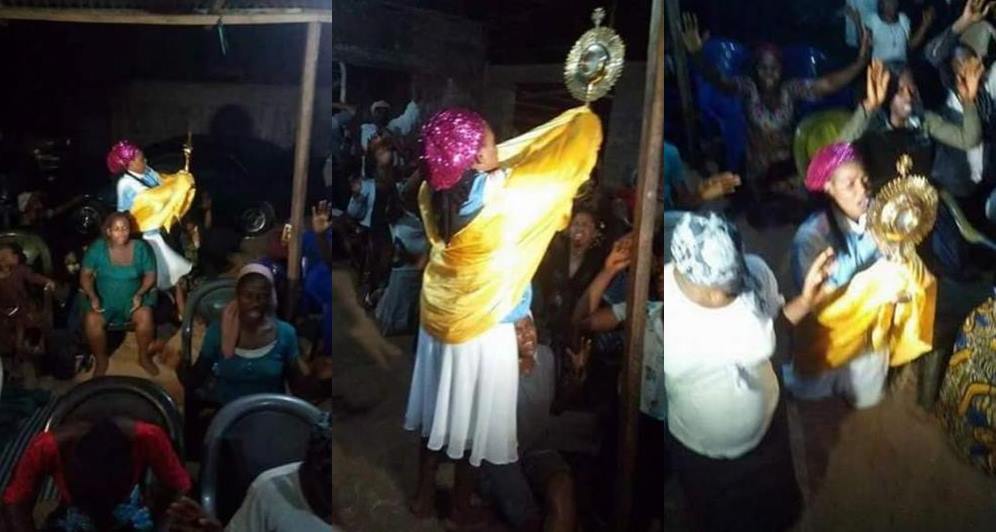 Outrage on social media as Female evangelist lifts the Catholic Monstrance holding the Blessed Sacrament (Photos)