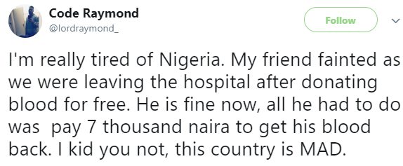 Man donates blood, collapses, and forced to pay N7k to get his blood back