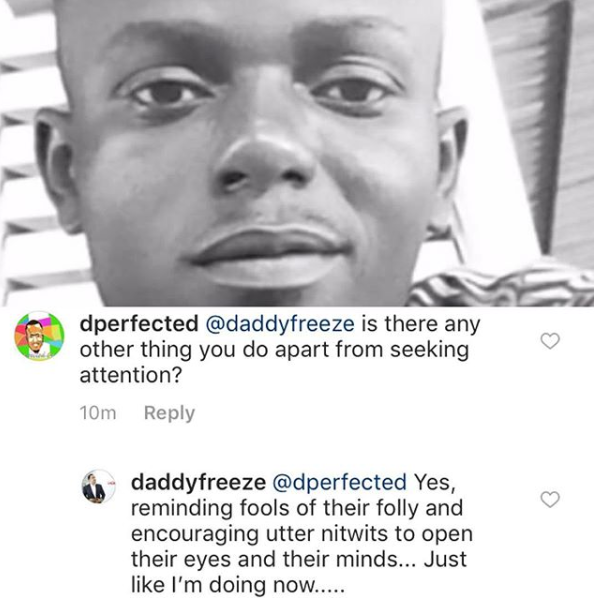 Daddy Freeze slams troll on Instagram