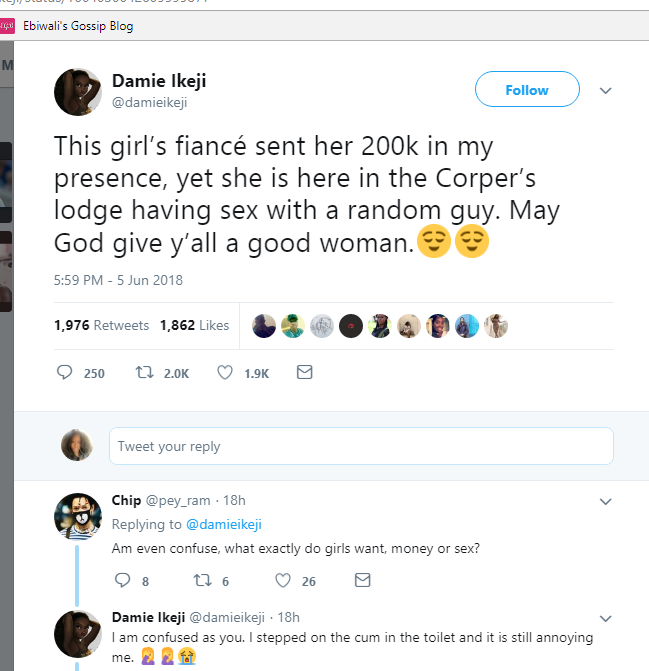 Corper Caught Having S*x With Another Guy After Fiance Sent Her 200k - Twitter User