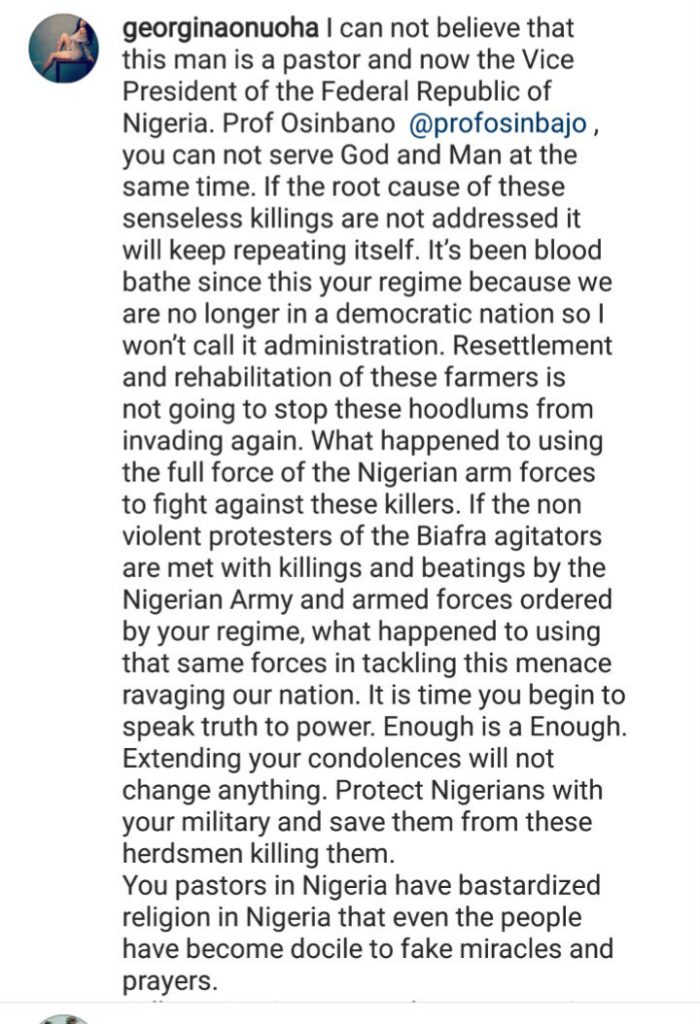 'I Can't Believe This Man Is A Pastor'- Actress Georgina Onuoha Slams VP Osinbajo over Plateau massacre