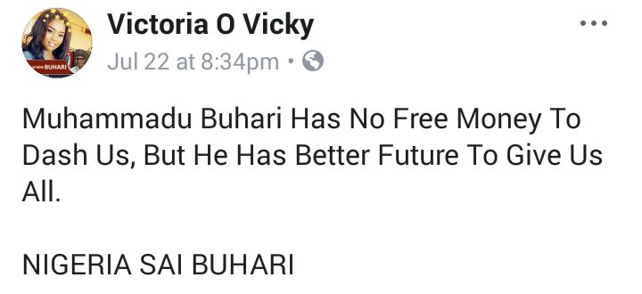 'President Buhari has no free money to give, but he has a better future for all of us' - Lady, says