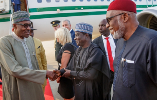 President Buhari with Mr Oji Ngofa, Nigeria's Ambassador to the Kingdom of the Netherlands, Judge Chile Eboe-Osuji, President of the ICC, Vice President of the Court, Marc Perrin de Brichambut and Wife of Nigeria's Ambassador Mrs Depriye Ngofa as he arrived Rotterdam-The Hague Airport Netherland on 15th July 2018