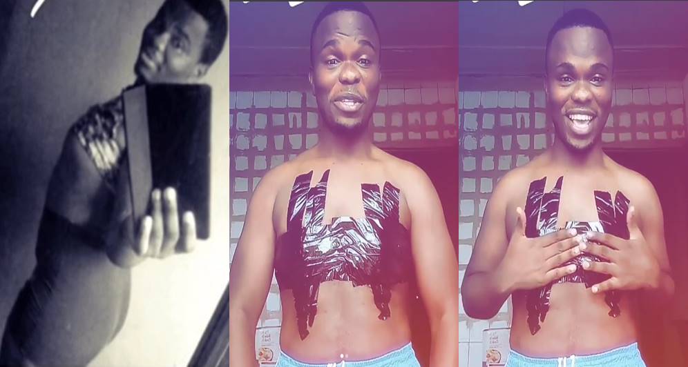 Feminine Nigerian man with big b00bs finally finds a way to hide it (video)