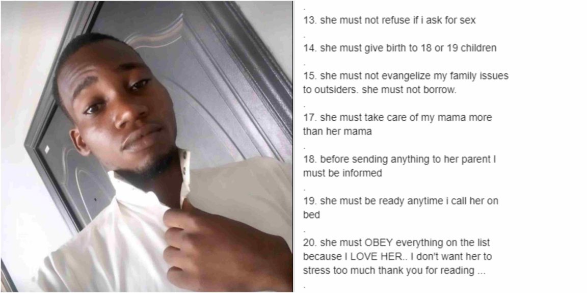 Nigerian man sets stringent rules for his future wife