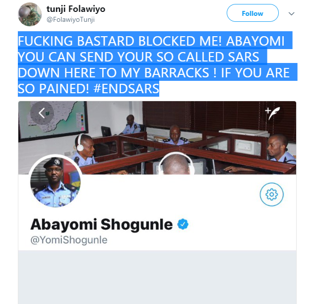 Soldiers blasts police boss, Yomi Shogunle for blocking him after he complained about SARS