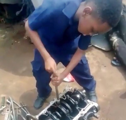 Actor Kunle Afolayan enrolls his 8-year-old son at a mechanic workshop (Photos+Video)