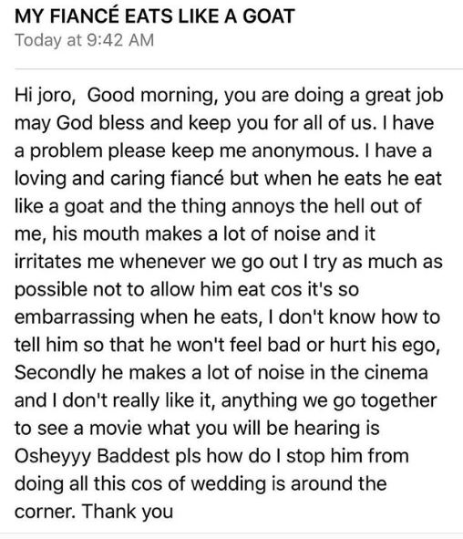 'My Fiancée Eats Like A Goat' - Nigerian Lady, Cries Out For Help