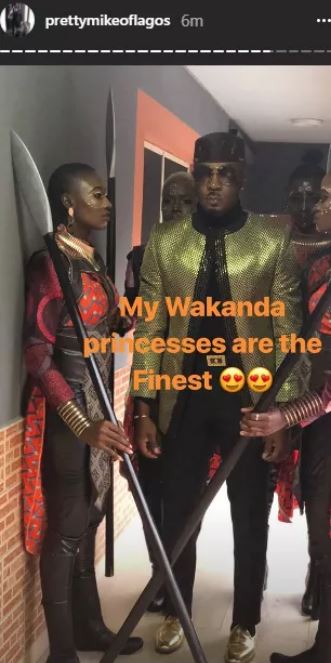 Lagos socialite, Pretty Mike storms DJ Consequence's wedding with his wakanda princesses (Photos)