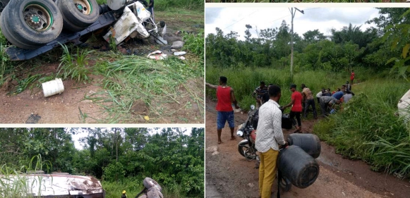 Fuel Tanker Crashes In Cross River State And Residents Rush With Gallons To Scoop Fuel...