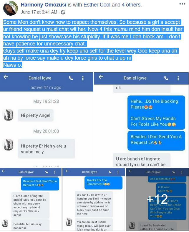 Nigerian Lady shares chat she had with a man who rained insults on her for ignoring his messages after accepting his friend request