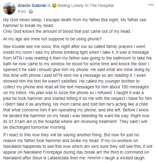 Nigerian man breaks his son's head with a hammer, for operating his phone at Night